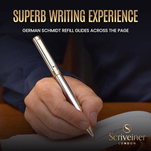 Scribeiner Silver Chrome Rollerball Pen - Luxury Pen for Men & Women, Real Gold Plating, Schmidt Ink Refill, Professiona