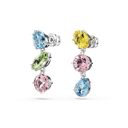 Swarovski Gema Drop Earrings: Asymmetrical Design, Mixed Cuts, Multicolored Rhodium Finished Earrings for Women, Night O