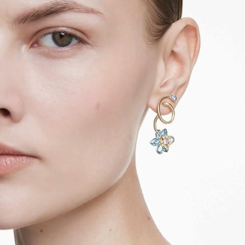 Swarovski Idyllia Drop Earrings for Women - Asymmetrical Design, Mixed Cuts, Flower Motif, Multicolored, Gold-Tone Fini