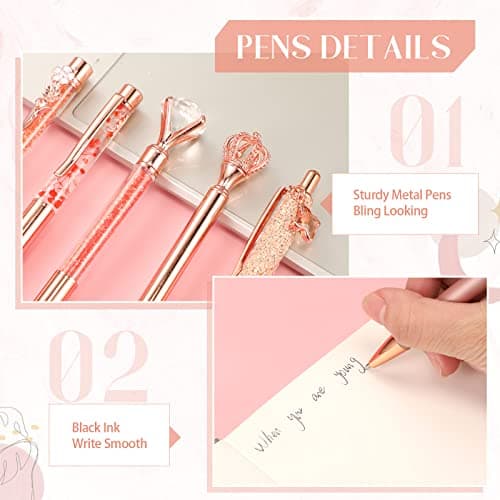 Janmini 9 Pcs Rose Gold Ballpoint Pens Set with Metal Crystal Diamond Design - Women's Fancy Pens for Journaling, Writin