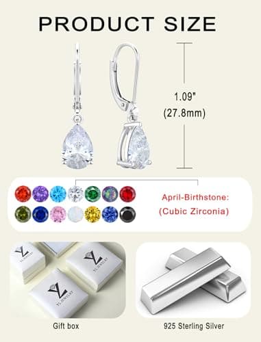 YL 925 Sterling Silver Teardrop Dangle Earrings for Women | Birthstone Solitaire Leverback Jewelry | 7x10 MM | Birthston
