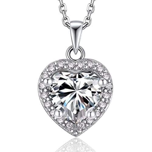 MomentWish Heart Necklace for Women, 1 Carat Simulated Moissanite for Her 925 Sterling Silver Halo Pendant-Heart Recycle