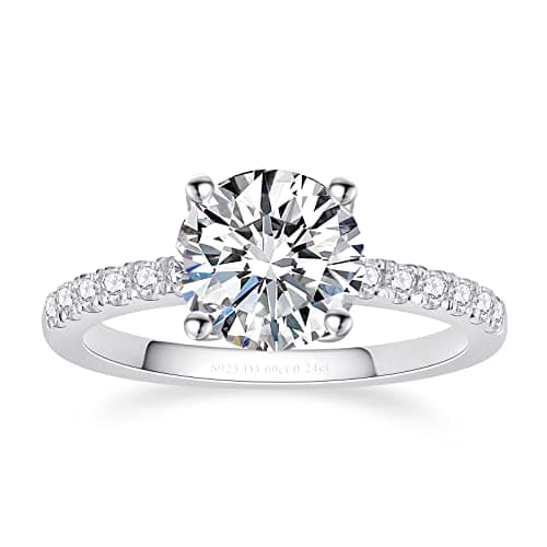 AmoreNel Moissanite Engagement Rings for Women Round Cut S925 Sterling Silver Plated 18K White Gold D Color VVS1 Promise
