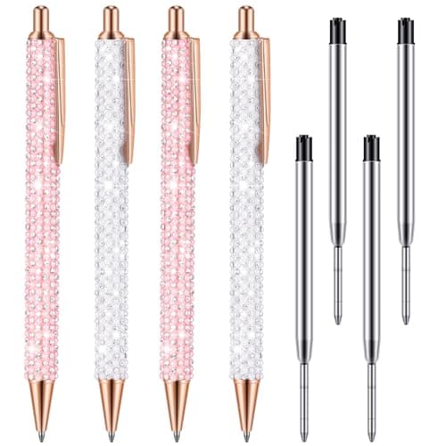 Ireer Silver Bling Rhinestone Sparkly Pens for Women Diamond Ink Crystal Glitter Metal Ballpoint Fancy Pens 4 Pcs 1.0mm
