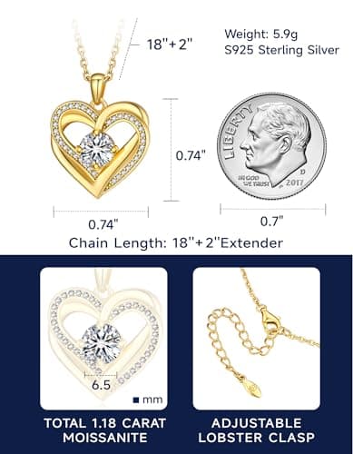 MomentWish Heart Moissanite Necklace for Women, Perfect Gift for Christmas and Birthday, D Color VVS1 Simulated Diamond