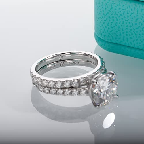 AnuClub 3CT Moissanite Engagement Ring D Color VVS1 Round Cut 925 Sterling Silver Ring Set for Women