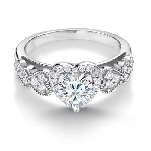 Gem Stone King 925 Sterling Silver Heart Gemstone Ring for Women | White Moissanite Halo | Wedding Anniversary Engagemen