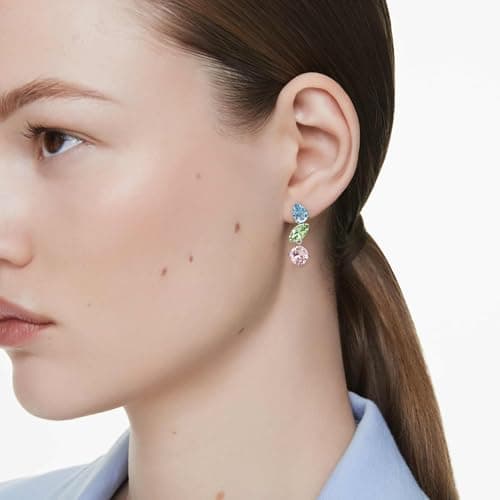 Swarovski Gema Drop Earrings: Asymmetrical Design, Mixed Cuts, Multicolored Rhodium Finished Earrings for Women, Night O