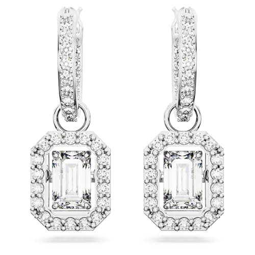 Swarovski Una Drop Earrings for Women, Octagon Shaped, Violet and Clear Crystals, Rhodium Plated, Unmatched Sparkleatric