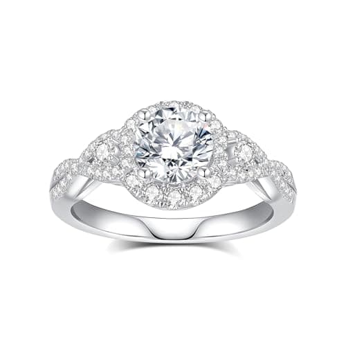AmoreNel Moissanite Engagement Rings for Women Round Cut S925 Sterling Silver Plated 18K White Gold D Color VVS1 Promise