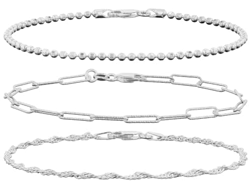 JTV Sterling Silver Bracelet Set of 3 for Women - Dainty and Stackable Silver Bracelets - Silver Bracelet Stack - Diamon