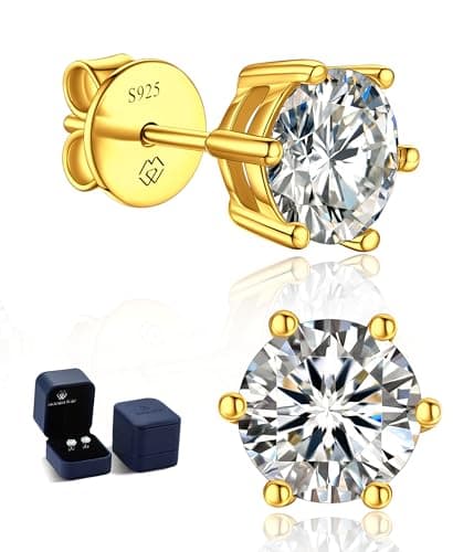 MomentWish 14K Gold Plated Stud Earrings for Women, 1-2 Carat Moissanite, Yellow/Rose Gold Plated 925 Sterling Silver Bi