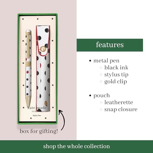 Kate Spade New York Stylus Pen for Touch Screens | Metal Ballpoint Pen with Black Ink and Storage Pouch | Ladybug Dot De