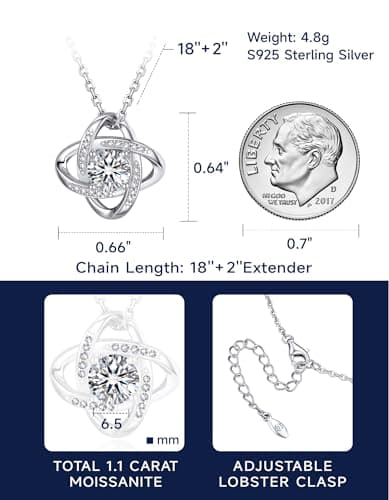 MomentWish Love Knot Necklace, 1 Carat Simulated Moissanite for Women, Mother's Day Gift 925 Sterling Silver Pendant Rec