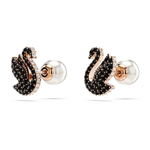 Swarovski Swan Stud Earrings for Women in Rose Gold, Black Pavé Crystals, Pearl Closure, Part of the Swarovski Collectio
