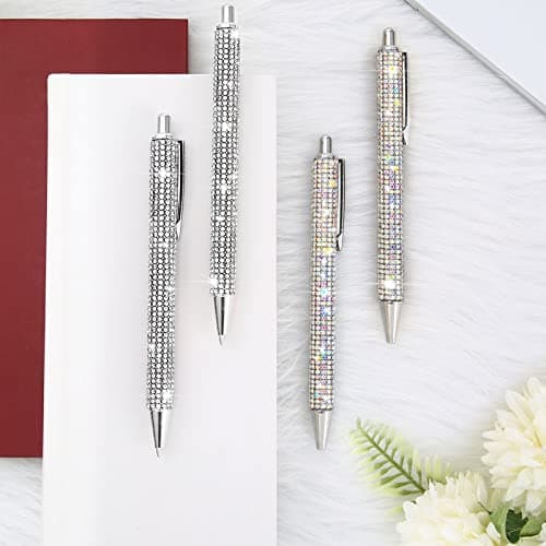 Ireer Silver Bling Rhinestone Sparkly Pens for Women Diamond Ink Crystal Glitter Metal Ballpoint Fancy Pens 4 Pcs 1.0mm