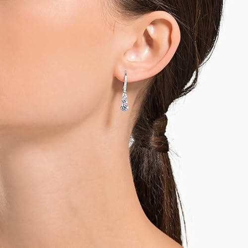 Swarovski Stilla Attract Trilogy Drop Pierced Earrings: White Crystals, Rhodium Plated Setting, Hinged Closure for Women