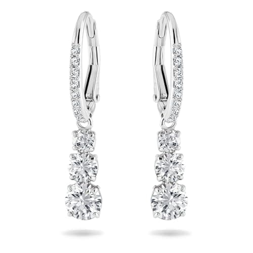 Swarovski Stilla Attract Trilogy Drop Pierced Earrings: White Crystals, Rhodium Plated Setting, Hinged Closure for Women