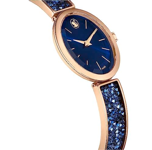Swarovski Crystal Rock Oval Watch for Women, Rose Gold-Tone Metal Bracelet, Blue Dial, Swiss Made, 36mm Diameter