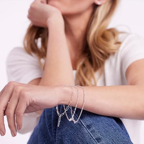 JTV Sterling Silver Bracelet Set of 3 for Women - Dainty and Stackable Silver Bracelets - Silver Bracelet Stack - Diamon