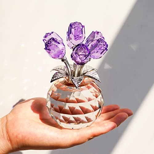 YWHL Handmade Crystal Purple Rose Flower Figurine with Round Vase, Romantic Gifts for Girlfriend and Wife, Home Decor fo
