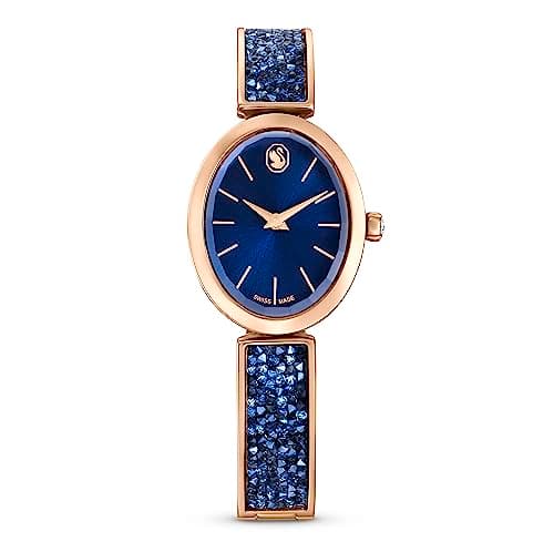 Swarovski Crystal Rock Oval Watch for Women, Rose Gold-Tone Metal Bracelet, Blue Dial, Swiss Made, 36mm Diameter