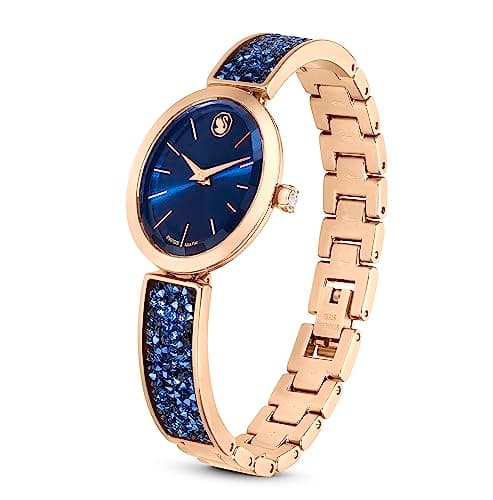 Swarovski Crystal Rock Oval Watch for Women, Rose Gold-Tone Metal Bracelet, Blue Dial, Swiss Made, 36mm Diameter