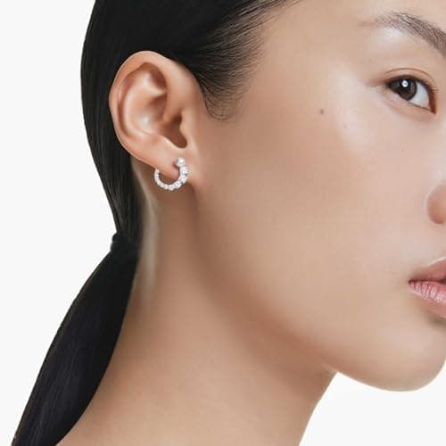 Swarovski Matrix Hoop Earrings: Crystal Pearl, Round Cut, Clear, Rhodium Finished for Fashionistas, Night Out, Elegant A