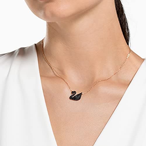 Swarovski Iconic Swan Necklace and Earrings Collection - Rose Gold Tone, Black Crystals, Elegant Jewelry for Special Occ