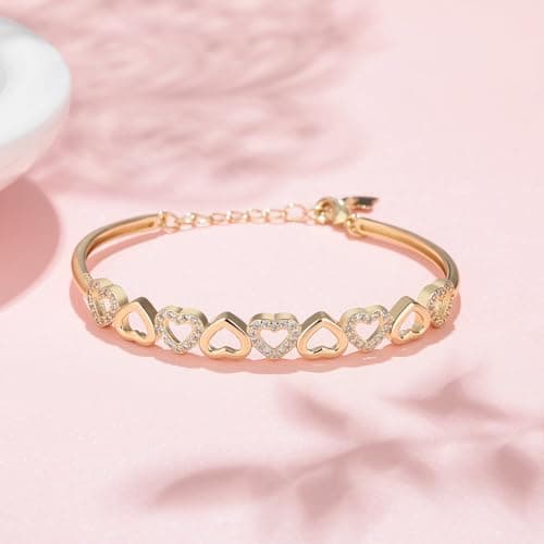 Amy & Annette 14K Gold Plated Hearts Bangle Adjustable Bracelet with Swarovski Crystals for Women
| Amy & Annette 14K G
