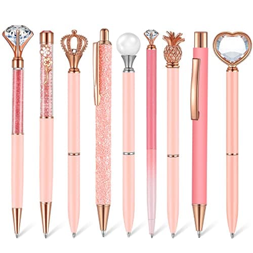 Janmini 9 Pcs Rose Gold Ballpoint Pens Set with Metal Crystal Diamond Design - Women's Fancy Pens for Journaling, Writin