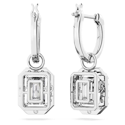 Swarovski Una Drop Earrings for Women, Octagon Shaped, Violet and Clear Crystals, Rhodium Plated, Unmatched Sparkleatric