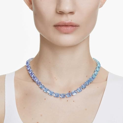Swarovski Millenia Tennis Necklace for Women, Octagon Cut, Color Gradient, Blue, Rhodium Finished, Statement Jewelry, Ve