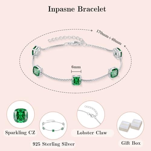 Inpasne Birthstone Bracelet for Women 925 Sterling Silver Dainty Princess Cut Link Jewelry Gifts for Her  
Inpasne Birth