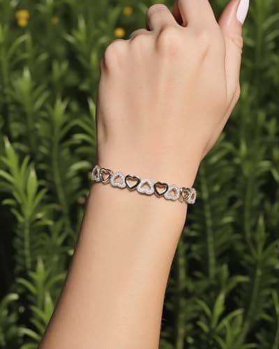 Amy & Annette 14K Gold Plated Hearts Bangle Adjustable Bracelet with Swarovski Crystals for Women
| Amy & Annette 14K G