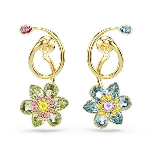 Swarovski Idyllia Drop Earrings for Women - Asymmetrical Design, Mixed Cuts, Flower Motif, Multicolored, Gold-Tone Fini