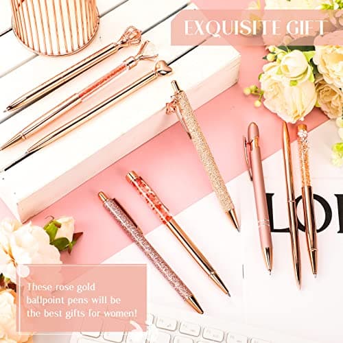 Janmini 9 Pcs Rose Gold Ballpoint Pens Set with Metal Crystal Diamond Design - Women's Fancy Pens for Journaling, Writin