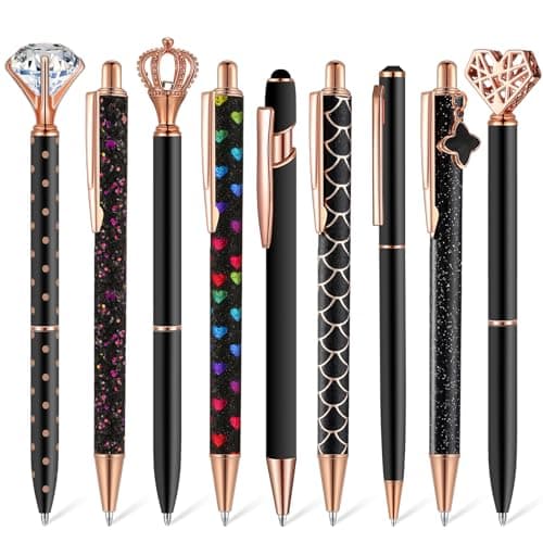 Janmini 9 Pcs Rose Gold Ballpoint Pens Set with Metal Crystal Diamond Design - Women's Fancy Pens for Journaling, Writin