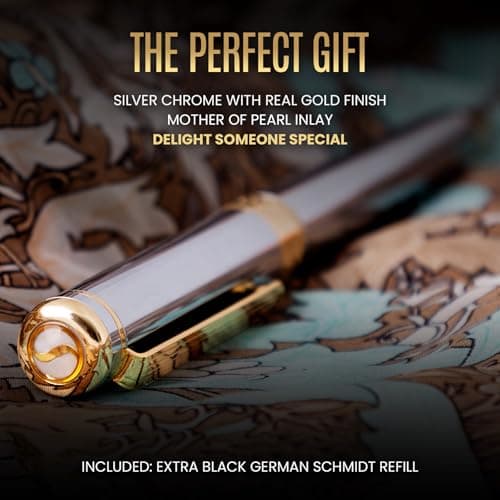 Scribeiner Silver Chrome Rollerball Pen - Luxury Pen for Men & Women, Real Gold Plating, Schmidt Ink Refill, Professiona