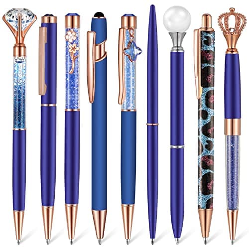 Janmini 9 Pcs Rose Gold Ballpoint Pens Set with Metal Crystal Diamond Design - Women's Fancy Pens for Journaling, Writin