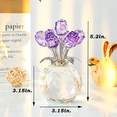YWHL Handmade Crystal Purple Rose Flower Figurine with Round Vase, Romantic Gifts for Girlfriend and Wife, Home Decor fo