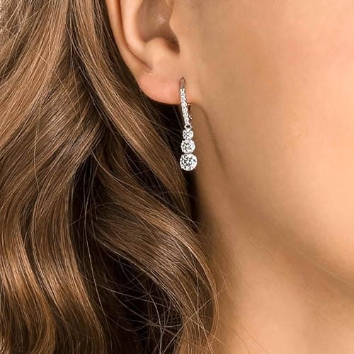 Swarovski Stilla Attract Trilogy Drop Pierced Earrings: White Crystals, Rhodium Plated Setting, Hinged Closure for Women