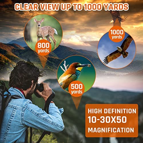 High Powered 10-30x50 Military Binoculars for Adults, Bird Watching and Traveling, Clear Low Light Vision at Night with