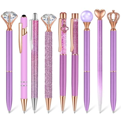 Janmini 9 Pcs Rose Gold Ballpoint Pens Set with Metal Crystal Diamond Design - Women's Fancy Pens for Journaling, Writin