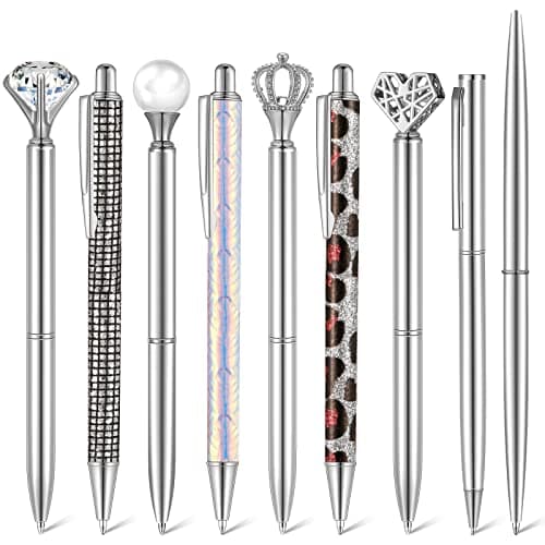 Janmini 9 Pcs Rose Gold Ballpoint Pens Set with Metal Crystal Diamond Design - Women's Fancy Pens for Journaling, Writin