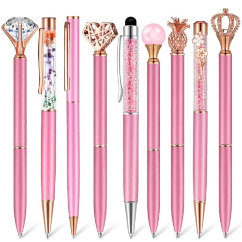 Janmini 9 Pcs Rose Gold Ballpoint Pens Set with Metal Crystal Diamond Design - Women's Fancy Pens for Journaling, Writin