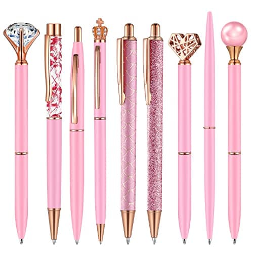 Janmini 9 Pcs Rose Gold Ballpoint Pens Set with Metal Crystal Diamond Design - Women's Fancy Pens for Journaling, Writin
