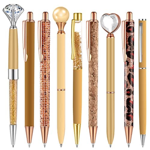 Janmini 9 Pcs Rose Gold Ballpoint Pens Set with Metal Crystal Diamond Design - Women's Fancy Pens for Journaling, Writin