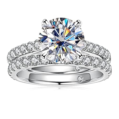 AnuClub 3CT Moissanite Engagement Ring D Color VVS1 Round Cut 925 Sterling Silver Ring Set for Women