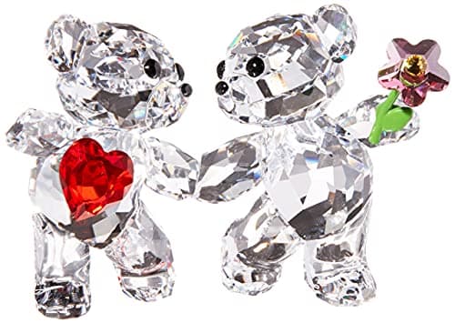 SWAROVSKI Kris Bears Happy Together Figurine Set for Couples, Clear Swarovski Crystal with Red Heart and Pink Flower, Co